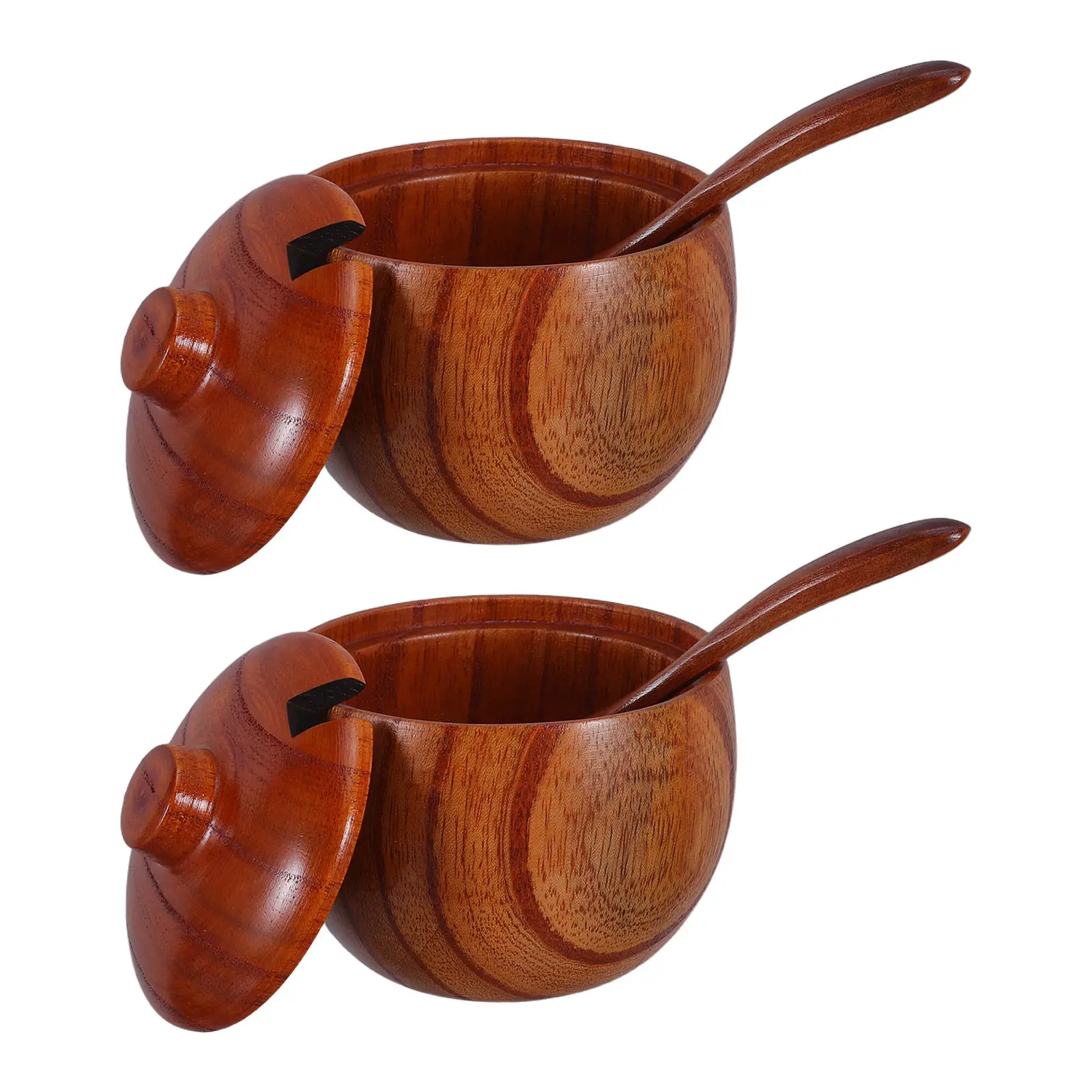 2Set Round Wood Spice Jars with Acacia Wood Lids Spoon Groove Freshness Seal Compact Kitchen Spice Jar Set Decorative Seasoning