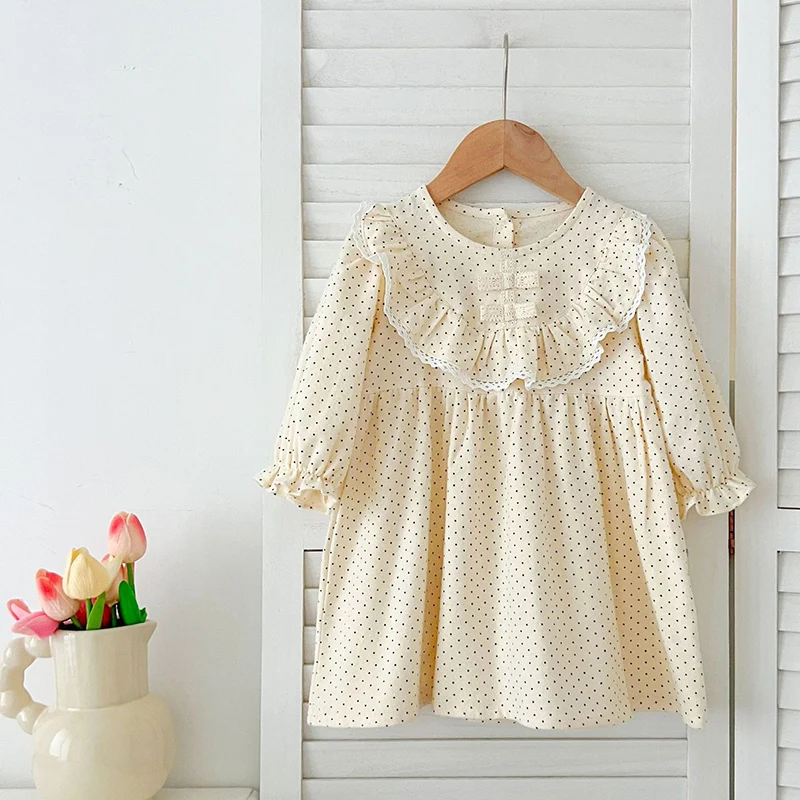 Spring Autumn Girls Ruffle Bow Dress Baby Girls Dot Long Sleeve Dress Kids Toddler Princess Sundress Dress 1-6 Yrs Clothing