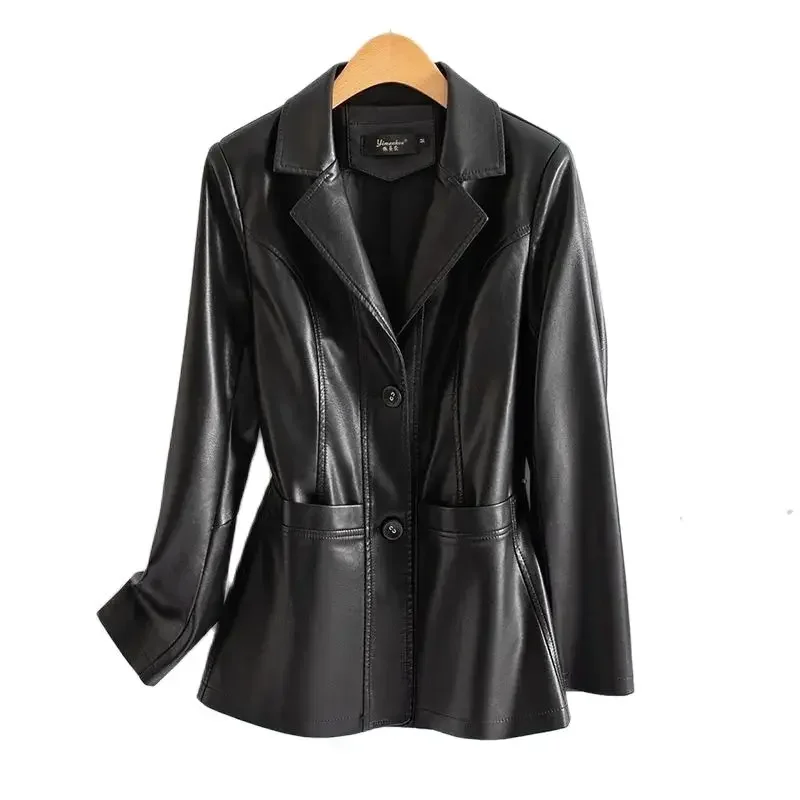 2025 Spring Autumn Sheepskin Jacket Women Suit Coat Slim Single-breasted Casual Tops Lady Small Outerwear Leather Blazer Coats
