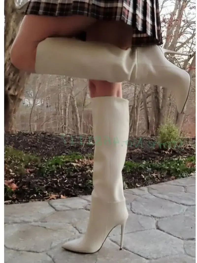 White Elegant Women\'s Boots Pointy Toe Shoes Real Leather Splicing Long Boots Thin High Heels Botas Femininas 2022 Autumn Boots