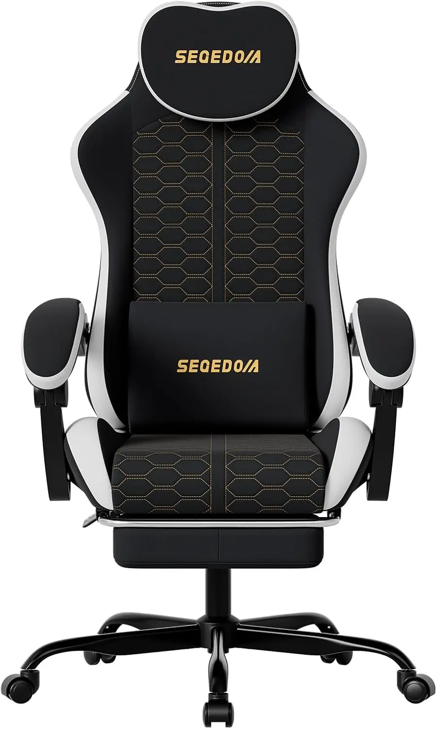 Honeycomb Embossed Gaming Chair with Footrest & Massage Lumbar Support, Adjustable Ergonomic Office Chair for Adults, 300 lbs (Black White)