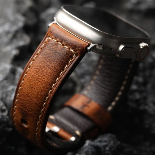 Correa de cuero de vaca Holvin hecha a mano para iWatch Apple cuero genuino Ultra2 49MM 44MM 42MM marrón Vintage correa de reloj envejecida para
