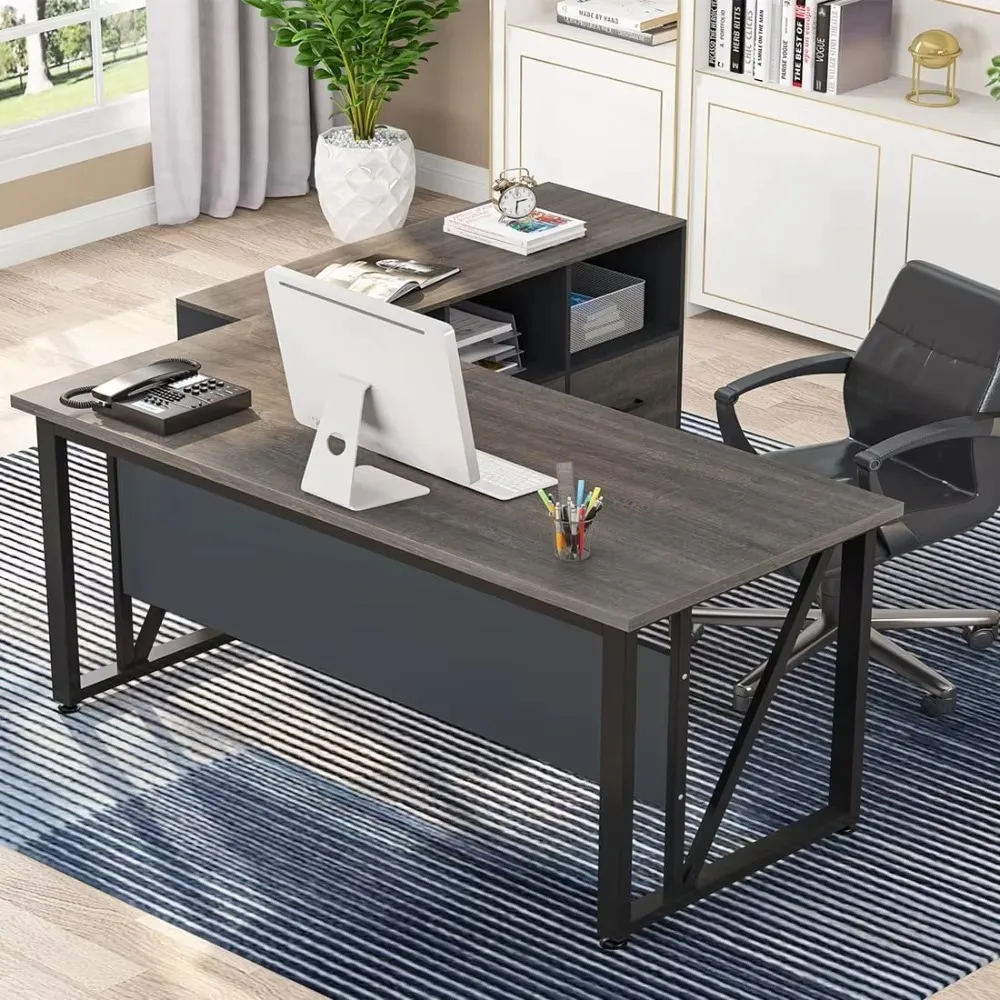 

Executive Desk and 43" lateral File Cabinet, L-Shaped Computer Desk Home Office Furniture with Drawers and Storage Shelves