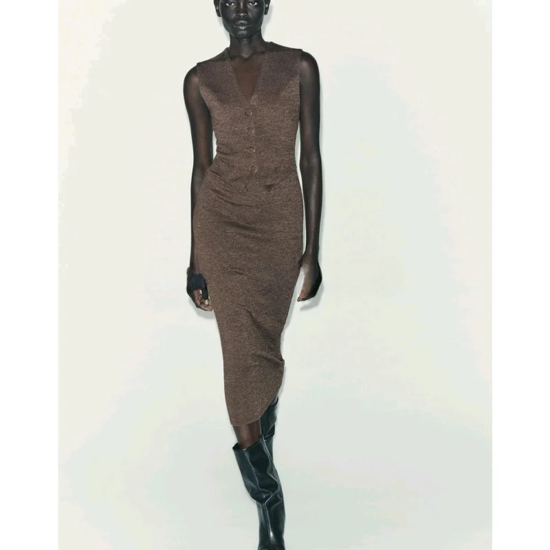 Winter nieuwe collectie mat Sle Midi Dr Svel V-Ne rechte zoom knop decor dames casual pure kleur polyester