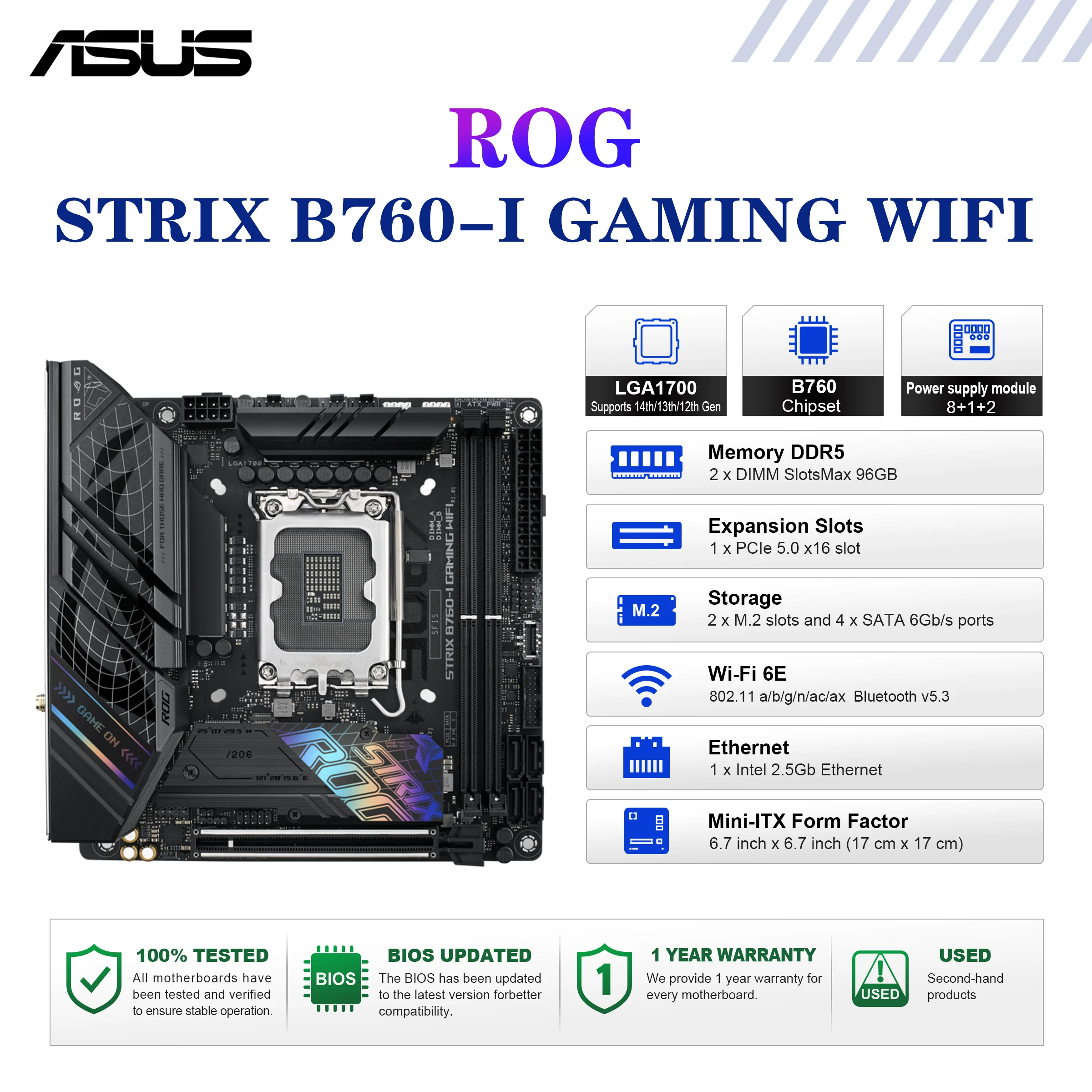 ASUS ROG STRIX B760-I GAMING WIFI carte mère Socket LGA1700 CPU DDR5 7600 (OC) jeu de puces mémoire B760 Mini-ITX carte mère