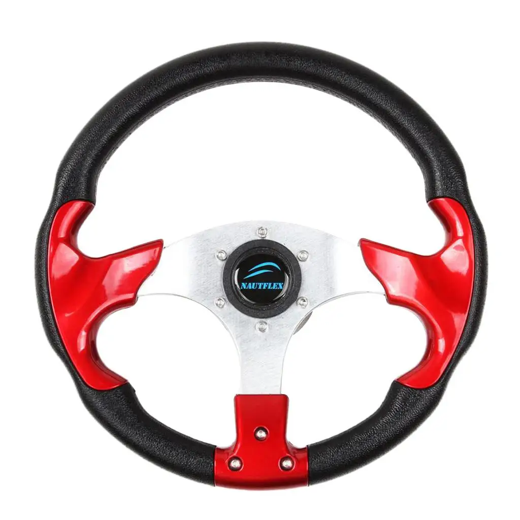 PU Three Spoke Marine Boat Steering Wheel Black Red Alloy Yacht Wheel for Power Boat 32cm Diameter