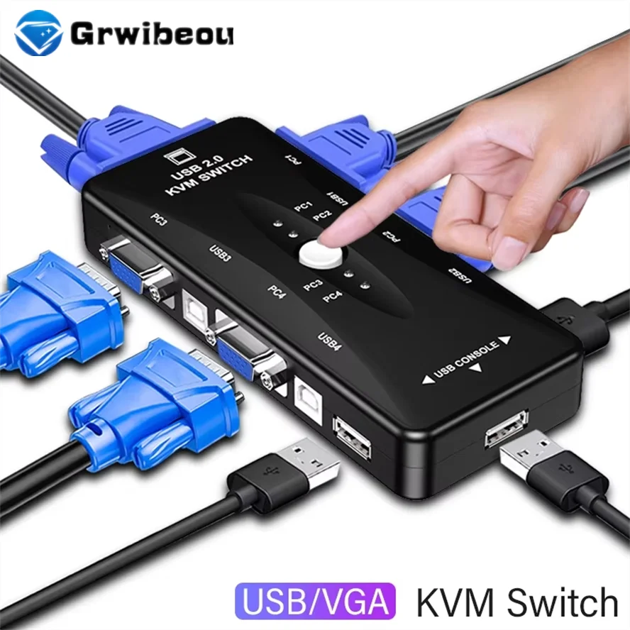 

2 And 4 Port VGA KVM Switch 1080P USB 2.0 Splitter Mouse Keyboard Printer Pendrive Share Switcher Box Adapter Out KVM Switch