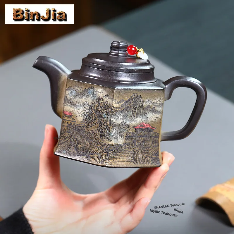 

320ml Vintage Yixing Purple Clay Teapots Handmade Six Square Golden Clock Pot Raw Ore Black Iron Stone Yellow Mud Kettle Zisha