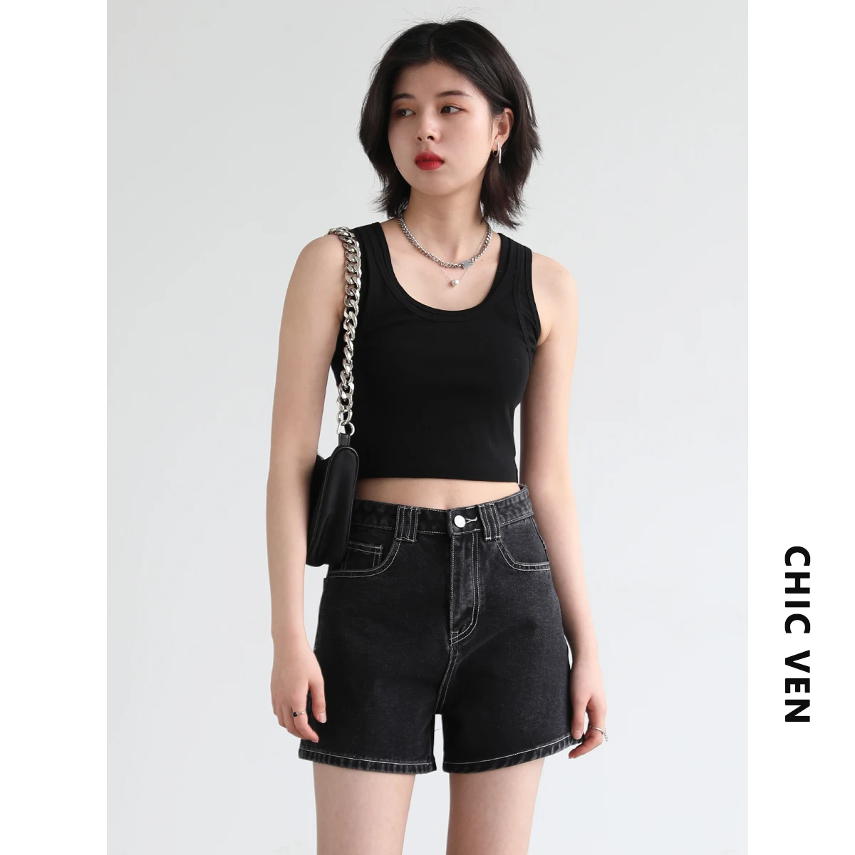 CHIC VEN Women\'s Tank Top Camisole Solid Design Slim Fit Short U-neck Suspender Vest Crop Tops Women Summer Basic Elastic 2022