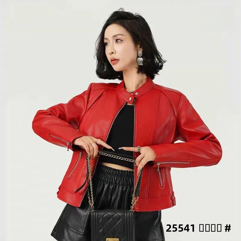 Faionable vermelho couro do plutônio jaet feminino ort casaco gola primavera outono fino sle senhoras premium quali outerwear