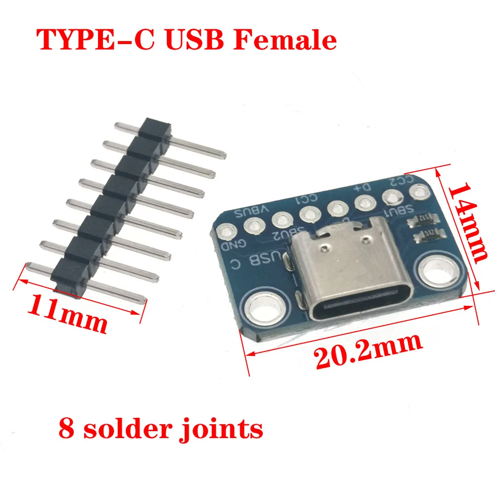 Alimentação de dados Adaptador Pin Board, DIY Test Board, USB Tipo-C para PCB, Juntas de solda fêmea, Transmissão, 16Pin, 2,54 milímetros, 6 8 12, 5Pcs