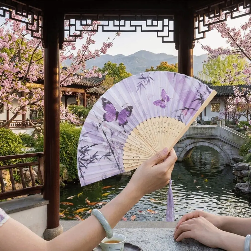 Vintage Chinese Style Silk Folding Fan Handmade Butterfly Pattern Handheld Fan Cooling with Tassel Dance Fan Dance Performance