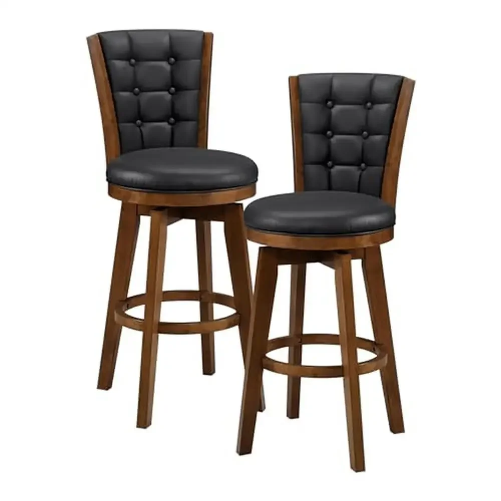 Set of 2 Swivel Bar Stools Kitchen Island Counter Height Chairs with Button-Tufted Back and Black Faux Leather Chestnut Finish