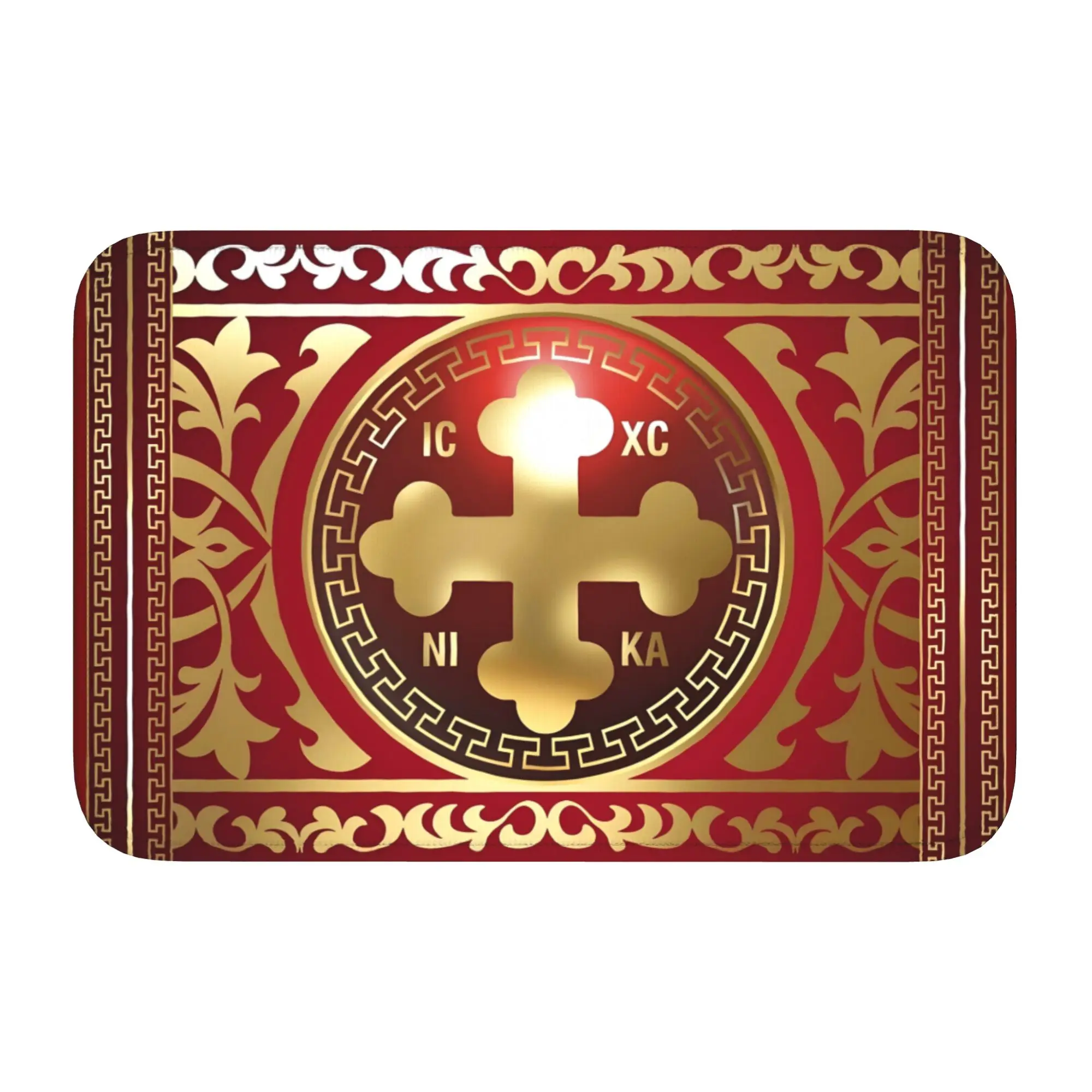 Custom XC NI Greek Orthodox Cross Red Gold Front Door Mat Waterproof Cross Christogram  Doormat Floor Bath Entrance Rug Carpet