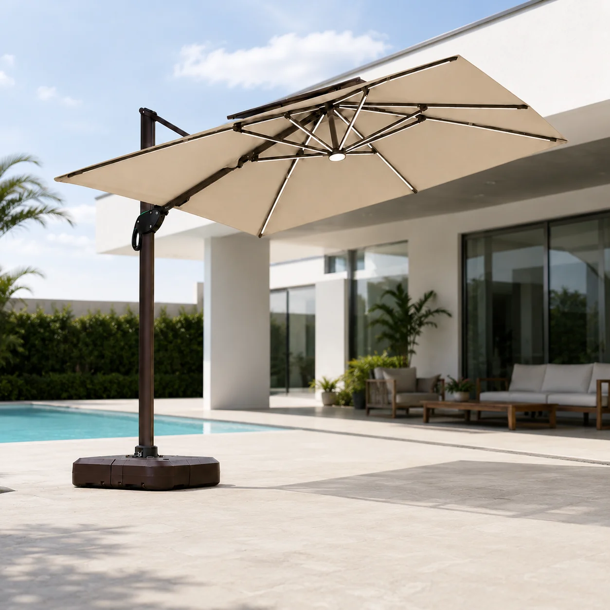 Outdoor Dual Arm Roman Umbrella With LED Light Strip Adjustable Black Aluminum Pole Waterproof Sunshade For Garden Patio