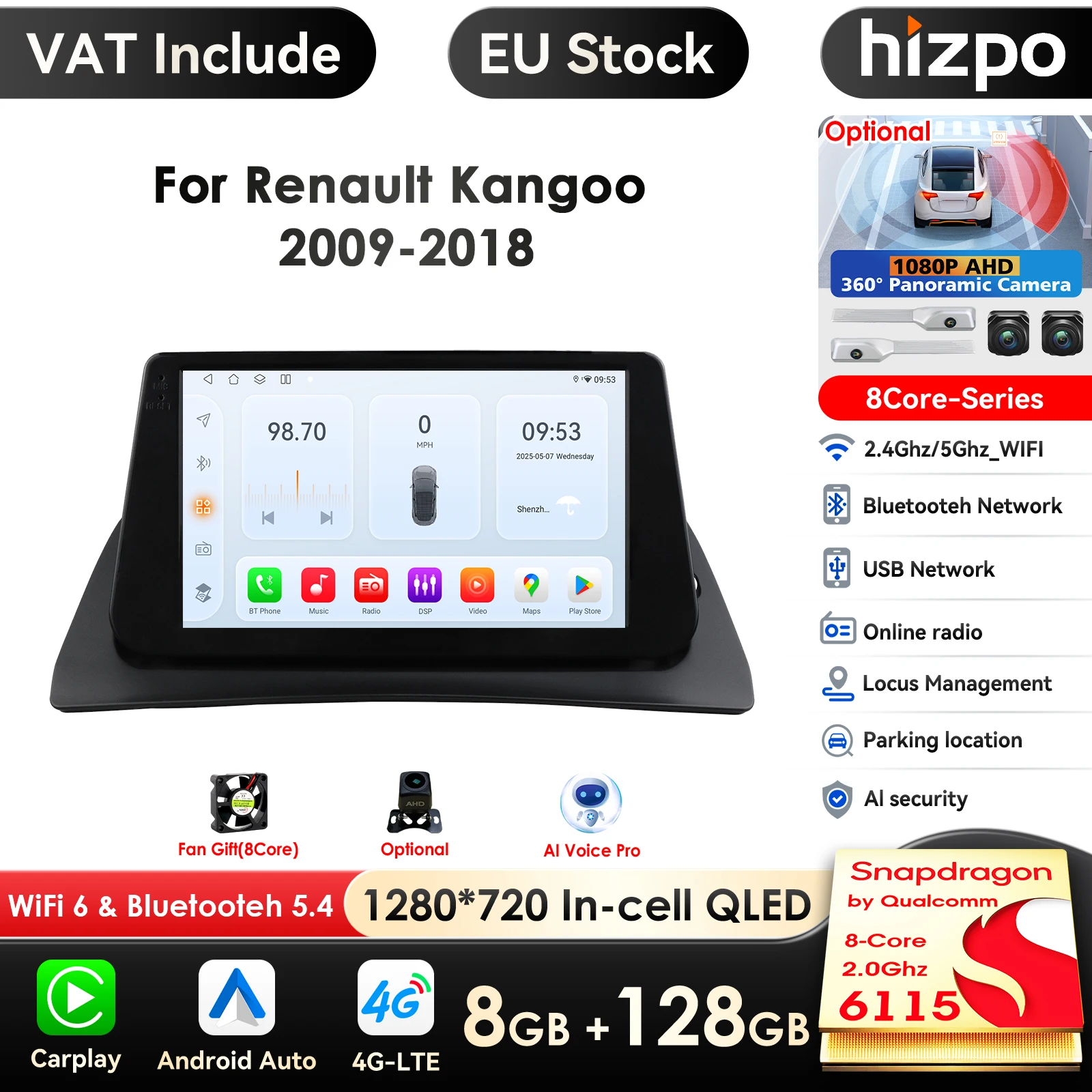 Hizpo Carplay Android Auto für Renault Kangoo 2009–2018 Autoradio Multimedia Video Player GPS AI Intelligente Systeme Autoradio