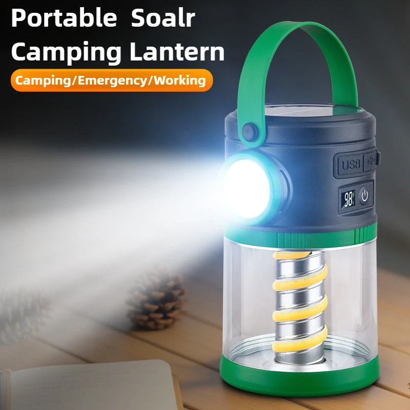Portable Solar Camping Lantern with Power Display 5 Modes Camping Flashlight Outdoor Waterproof Emergency Work Lamp for Fishing