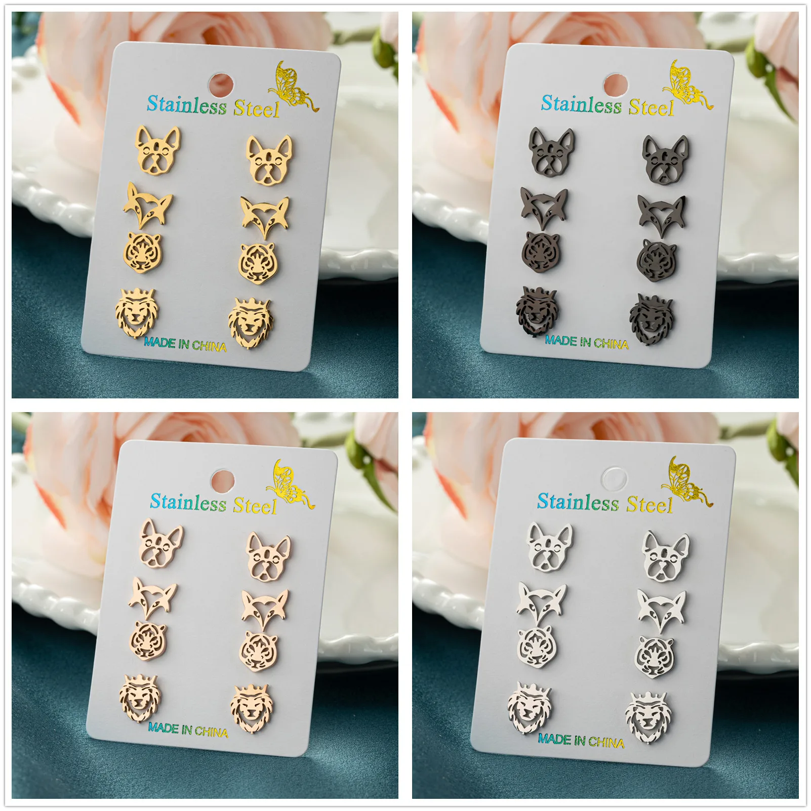 4 زوج/وحدة الفولاذ المقاوم للصدأ النمر رئيس وأقراط زوج خمر الحيوان الاستبداد الشرير نمط الأذن مجوهرات للرجال والنساء