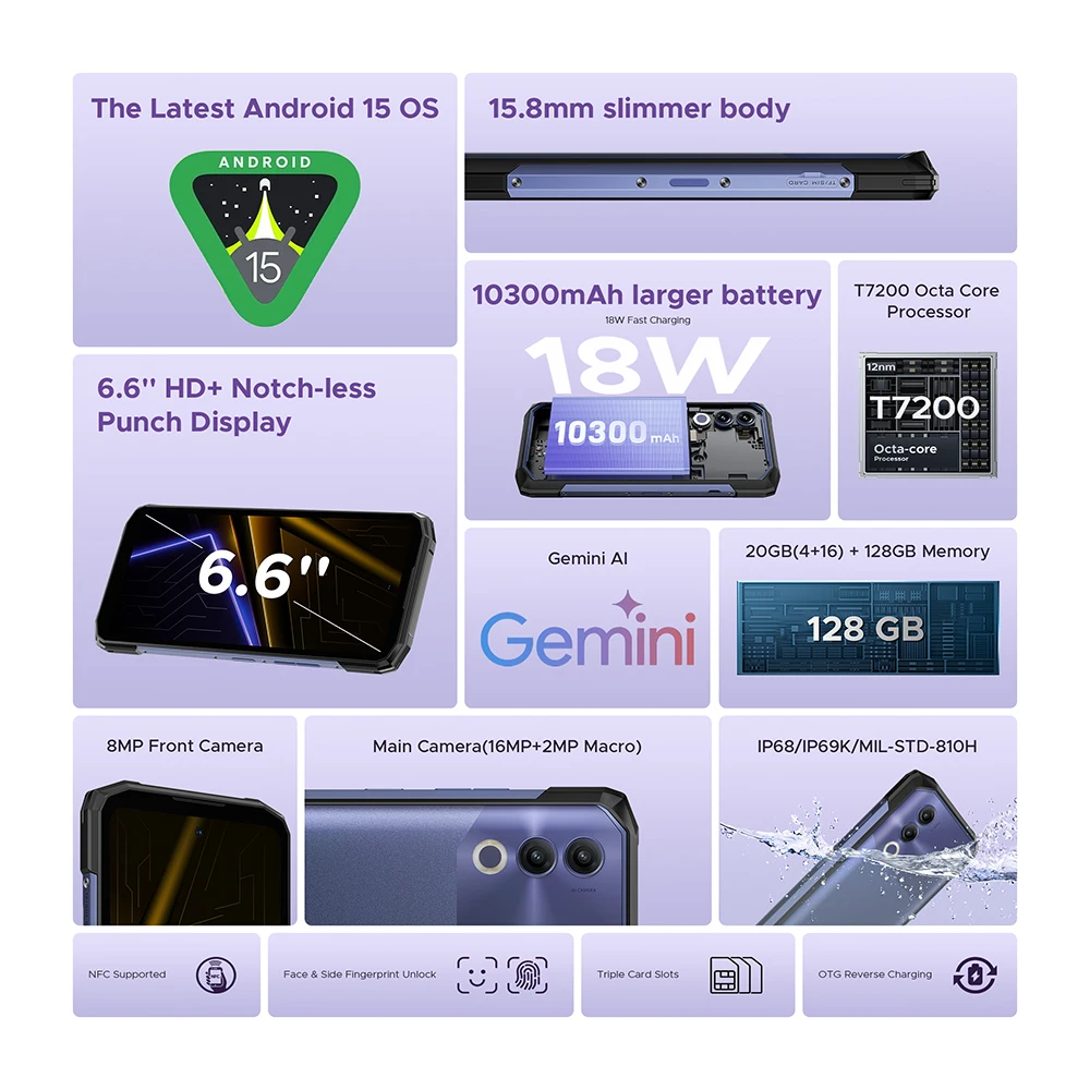 Global Version DOOGEE Blade20 Rugged Phone 6.6” HD+ 90Hz 4GB 128GB 10300mAh Battery Unisoc T7200 Octa Core Android 15 Smartphone