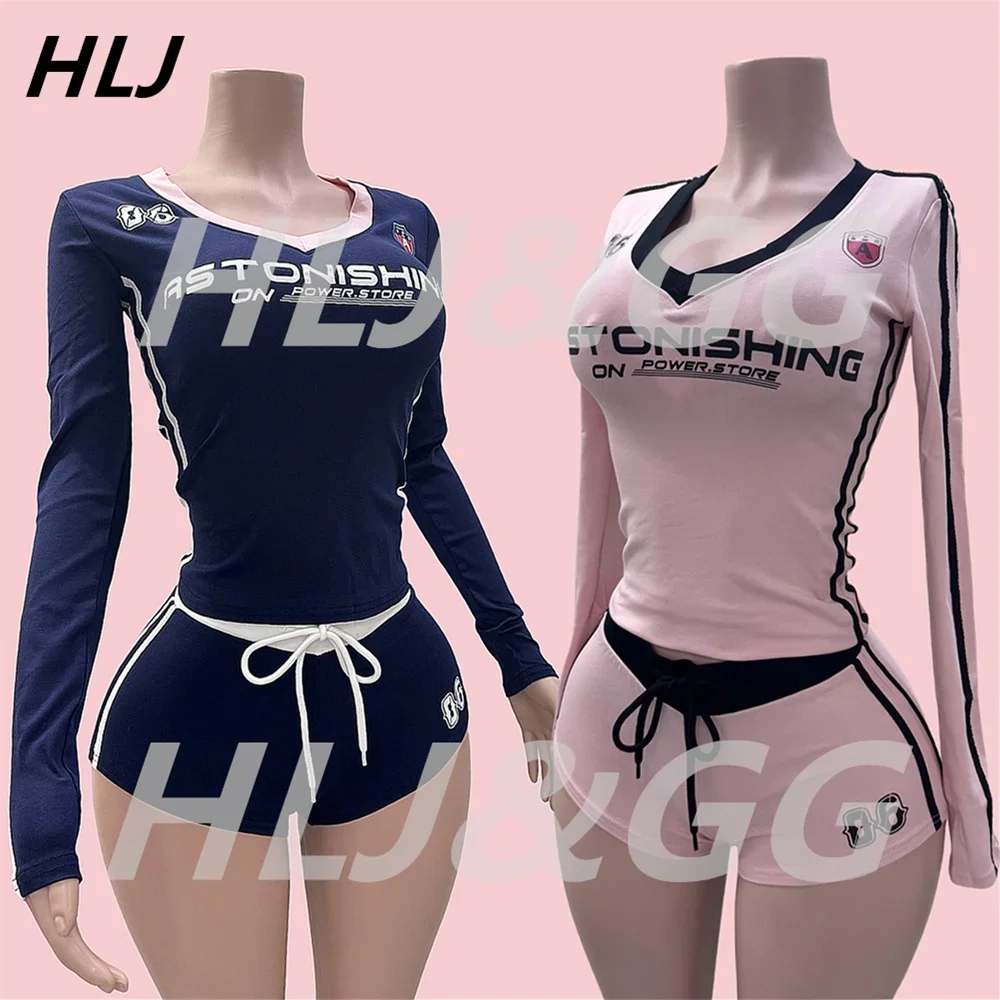 

HLJ American Vintage Style Streetwear Women V Neck Long Sleeve Top And Drawstring Sporty Shorts Outfits Fashion 2pcs Tracksuits