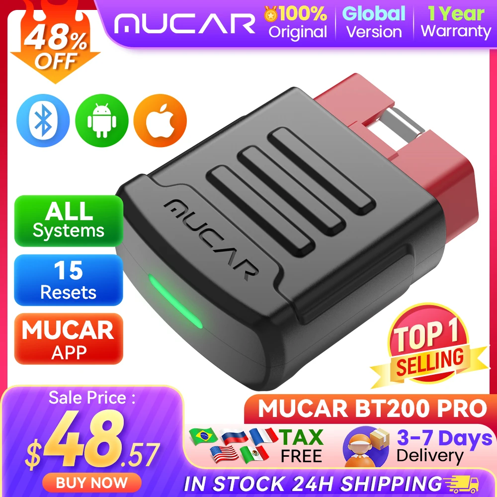 MUCAR BT200 BT200 PRO OBD2 Bluetooth Scanner Automotive Car Diagnostic Tools Auto Obd 2 Tester 15 Reset Free Update Diagnosis