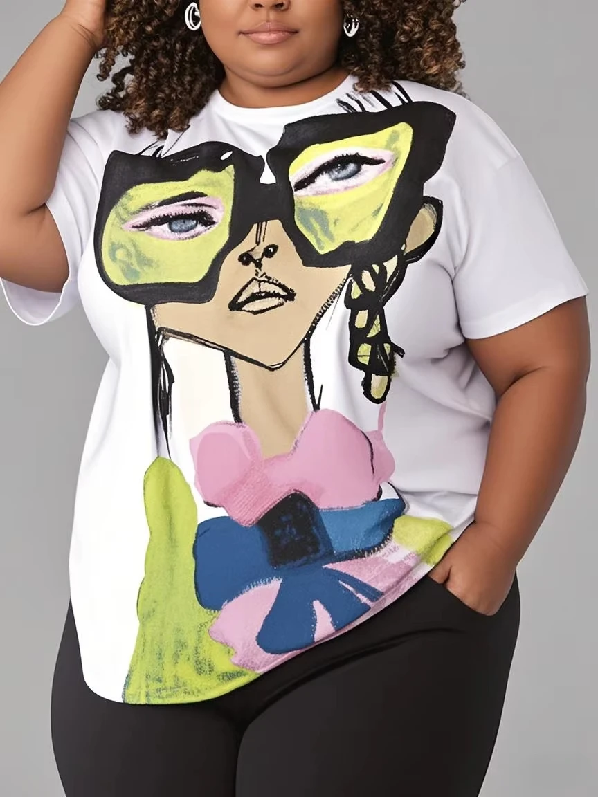 

Плюс размер, модные свободные женские футболки с героями мультфильмов для девочек, топы большого размера, уличные повседневные спортивные слегка эластичные удобные топы