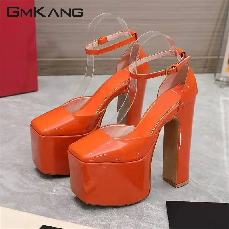 New Platform Shoes Women Super High Heels Runway Shoes Patent Leather Women Pumps Square Toe Chunky Heels Party Shoes Woman