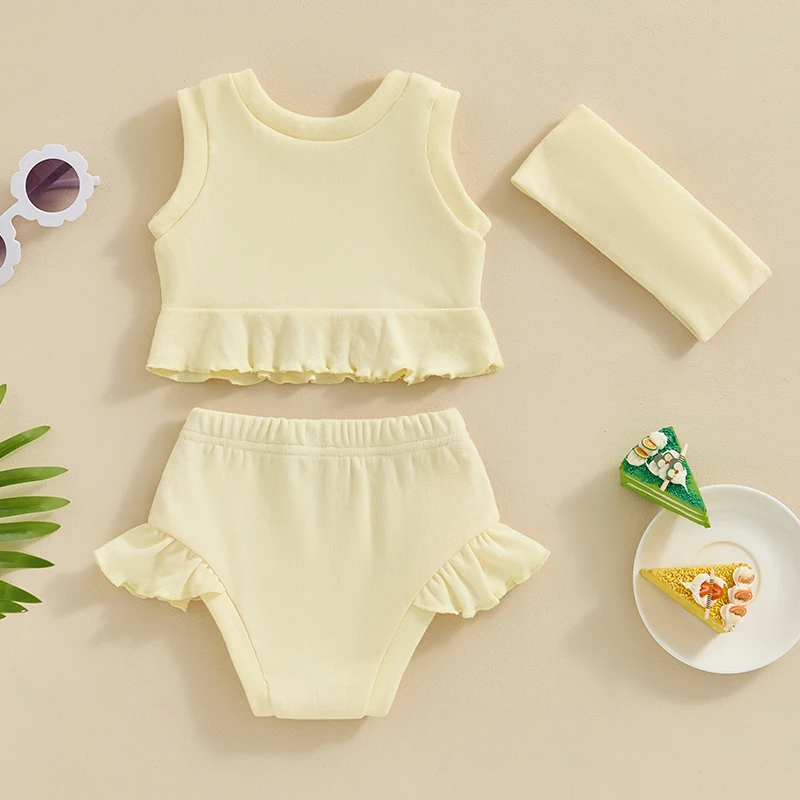 Infant Girl Summer Outfit 3pcs Sleeveless Cami Crop Top Ruffle Shorts with Elastic Waist Solid Outfit Headband 2pcs