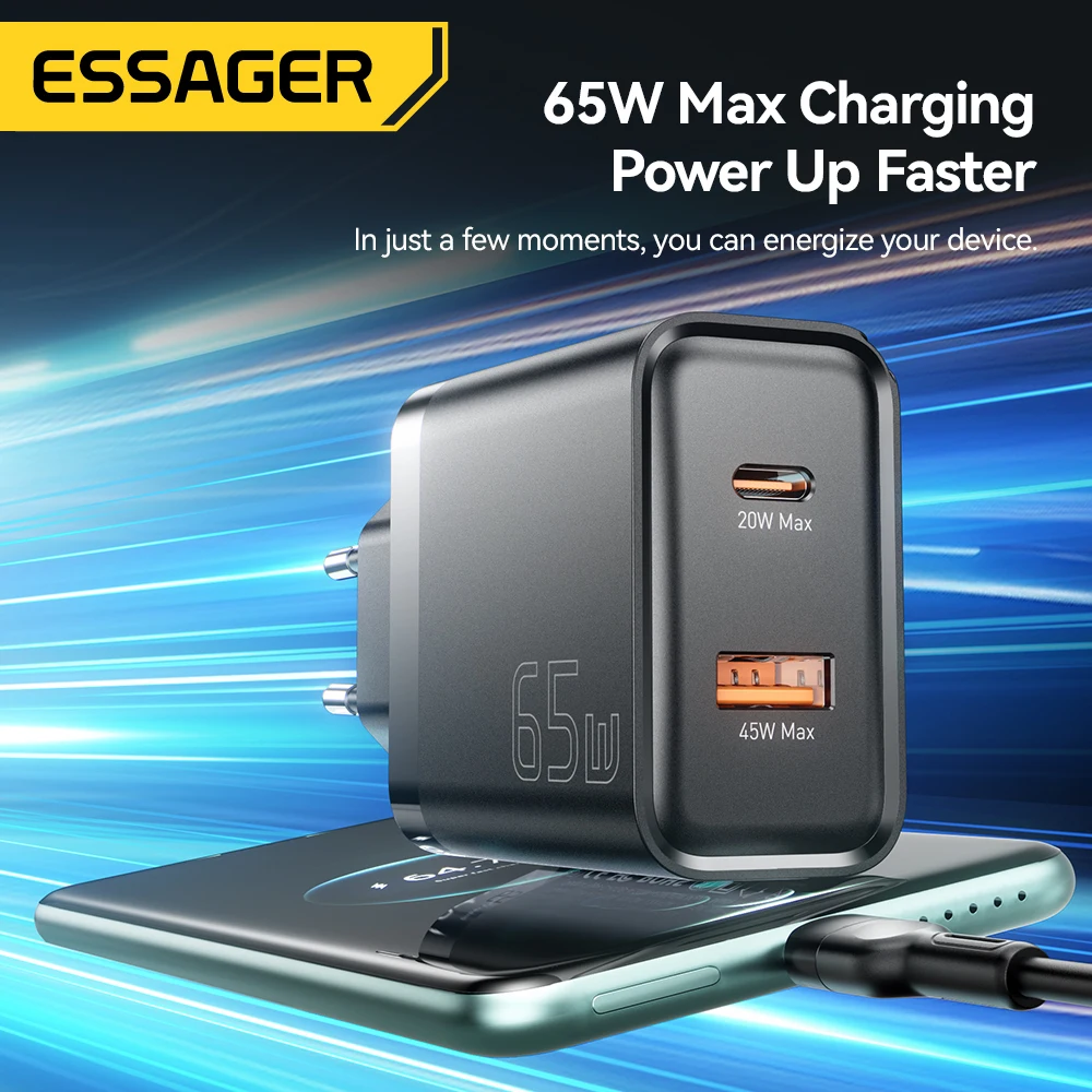 Essager 65W GaN Charger Quick Charge QC4.0 PD3.0 USB Type C Charger Portable Fast Charger For Laptop iPhone 15 14 13Pro MacBook
