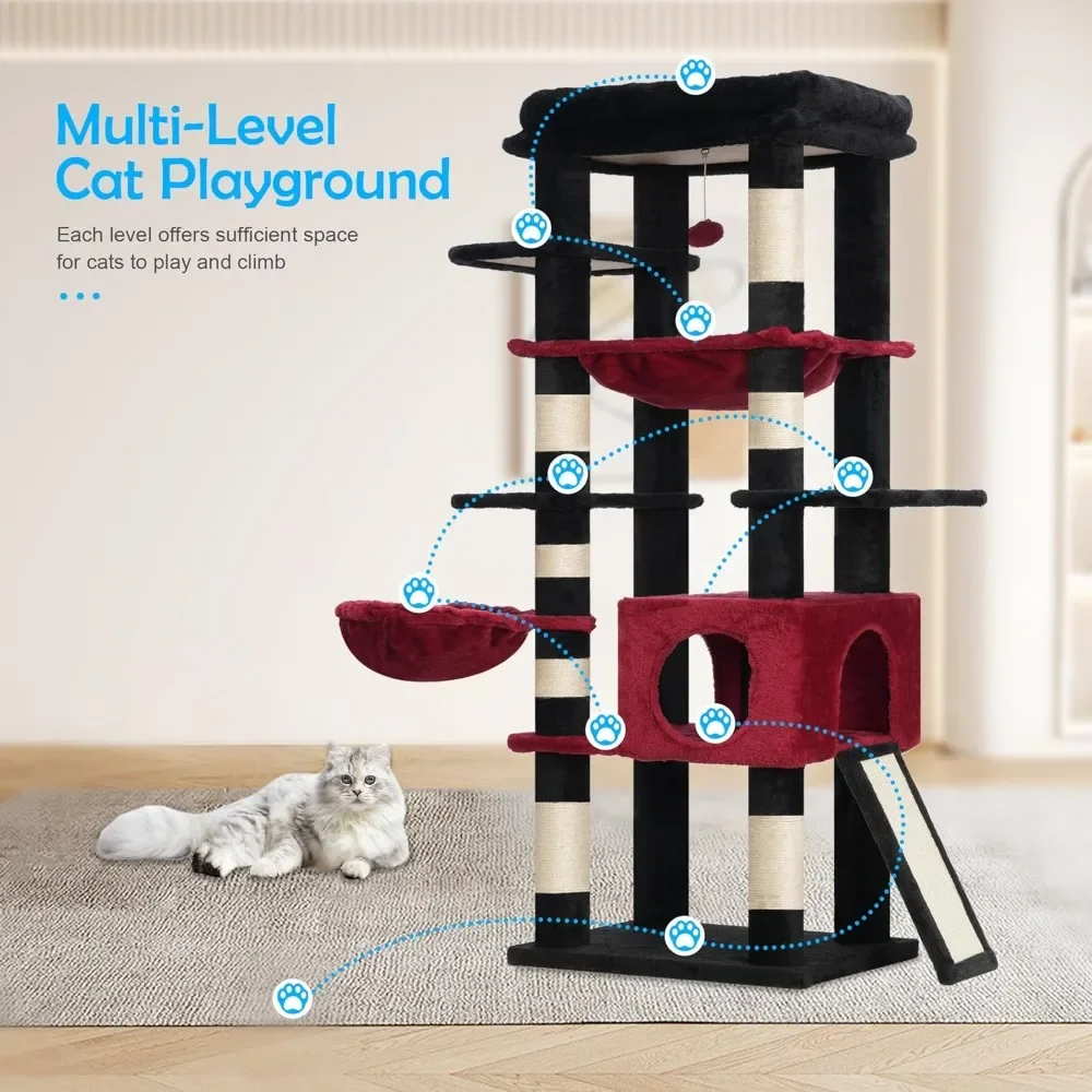 

Cat Tree Tower, Scratching Posts with Condo, Large Hammock and Bed, Sisal Scratch Board, Basket, Multi-Leval for Big Indoor Cats