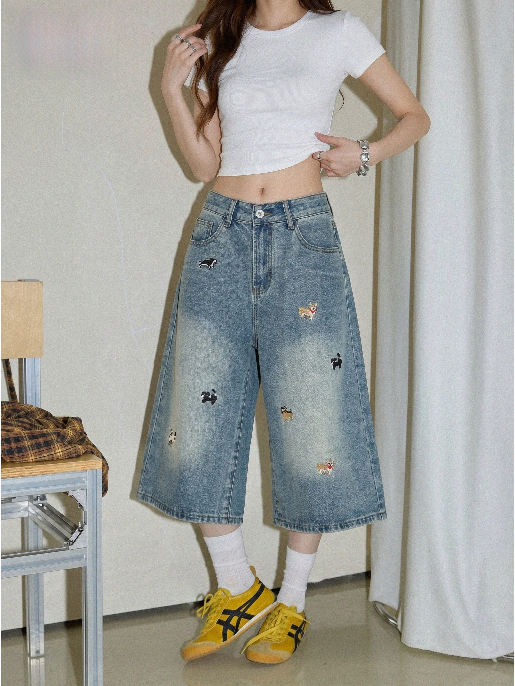 

American Style Low Waist Wide Leg Denim Jeans Women's Summer Loose Lazy Style Dog Embroidery Seven-Foot Pants Casual Soft Denim