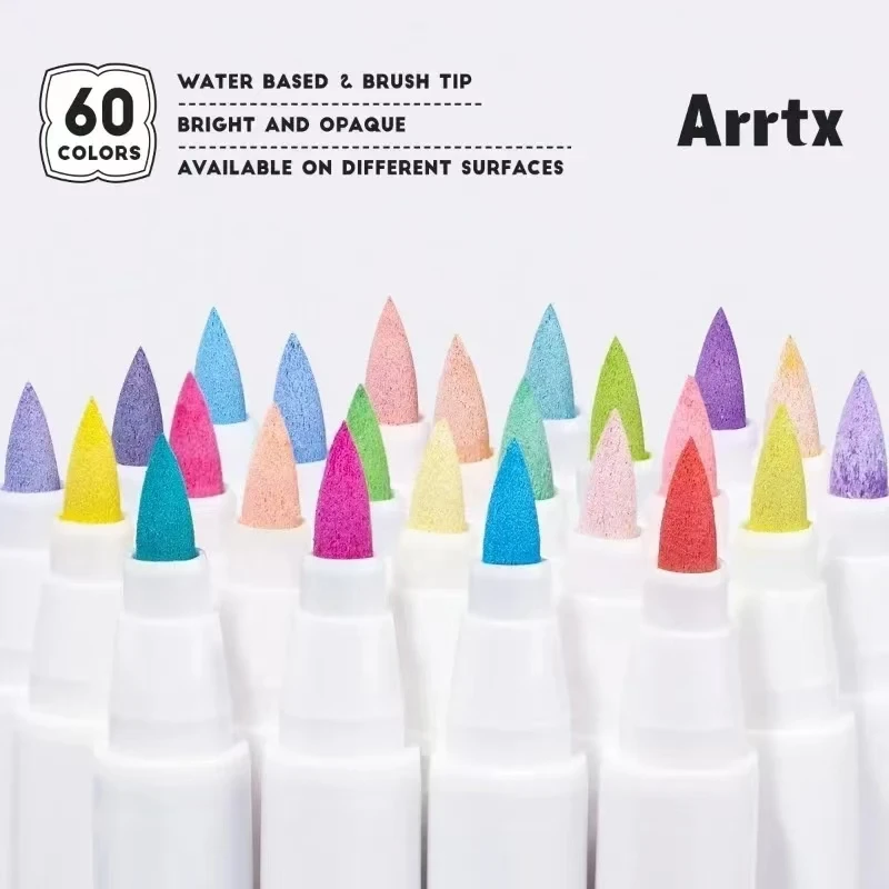 Arrtx 60 Kleuren Verf Markers Verfpennen, Acryl Markers Borsteltip voor Rock Painting, Hout, Canvas, DIY Ambachten Maken