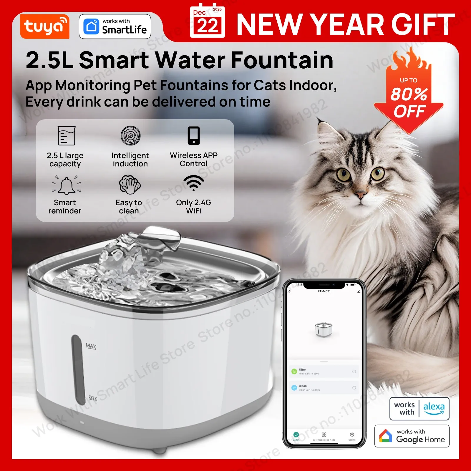 Fontaine d'eau pour chat, fontaine d'eau pour animaux de compagnie avec application intelligente Tuya de 2,5 l/84 oz, distributeur d'eau automatique pour chats à l'intérieur avec bol SUS304