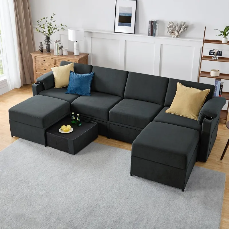 Modular Sectional Sofa Couch with Storage L Shaped Couchs U Shaped Reversible Chaise Padded Armrests Washable Cover Cup Holder