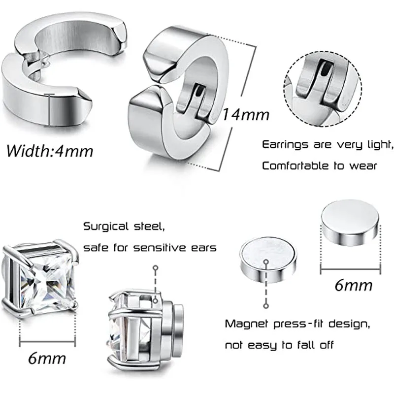 1 Pair/6 Pairs Stainless Steel Magnetic Stud Earrings for Men Women Hoop Earrings Clip On CZ Non-Piercing Steel All Ages