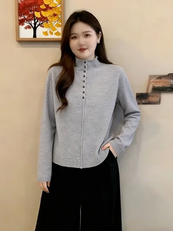 

Loose Knitted Base Layer irt f High Collar Inner Wear Belly Cover Faionable Spring New plus Size Slimming Women's Top