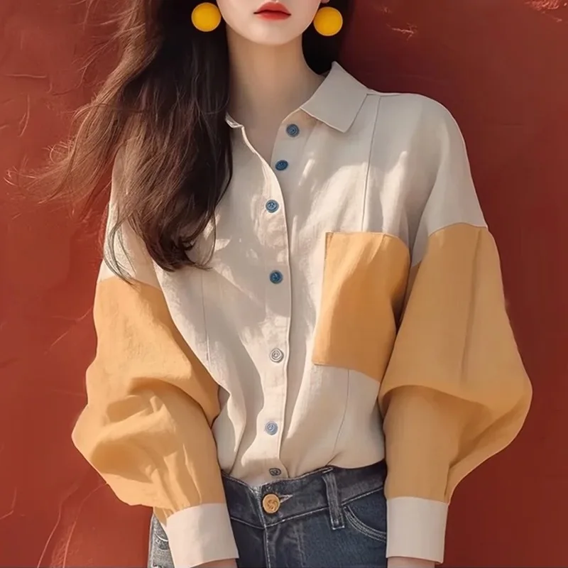 

Топ с французским запахом кремового абрикосового цвета: блузка с длинными рукавами со складками для женщин — осенняя переходная работа в стиле кафе