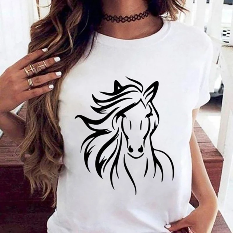 Horse Graphic Print T-Shirts for Women Summer Casual Crew Neck Short Sleeve Tee Horse Lovers Fashion Y2K Personality T Shirt