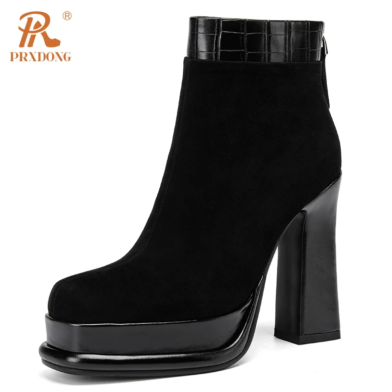 PRXDONG New Brand Genuine Leather SHoes Woman Ankle Boots CHunky High Heels Platform Black Brown Dress Party Lady Shoes Size 39