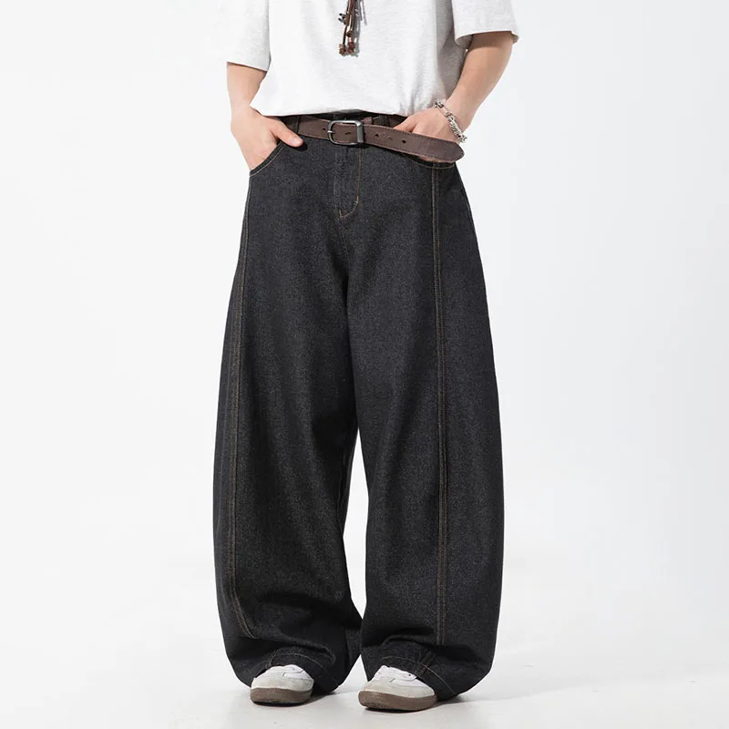 Men'S Denim Pants Vintage Washing Wide Leg Loose Elastic Jeans Casual Straight Trousers