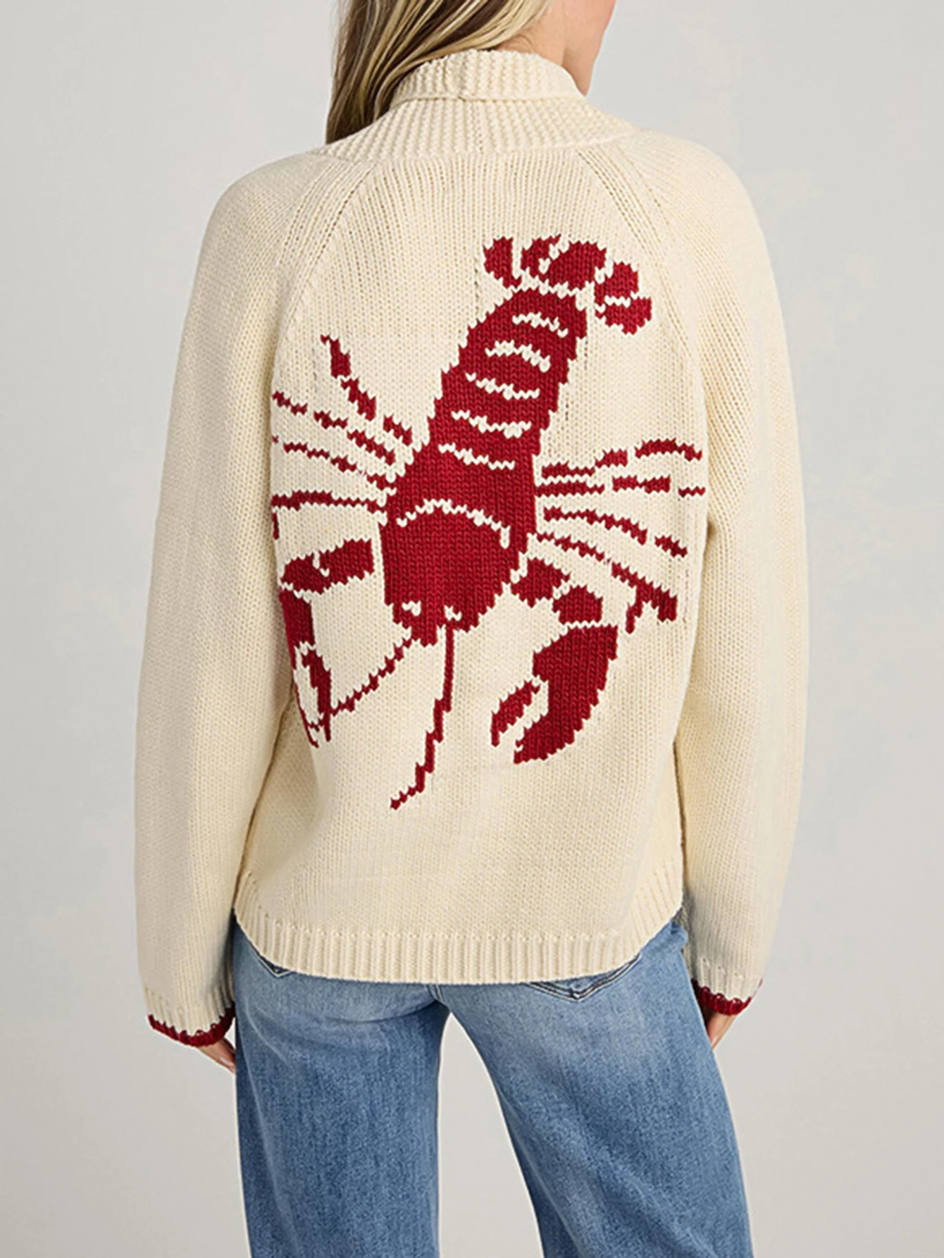 

Women's Fashion Sweater Autumn Winter High Neck Long Sleeve Comfortable Daily Top with Lobster Print Style