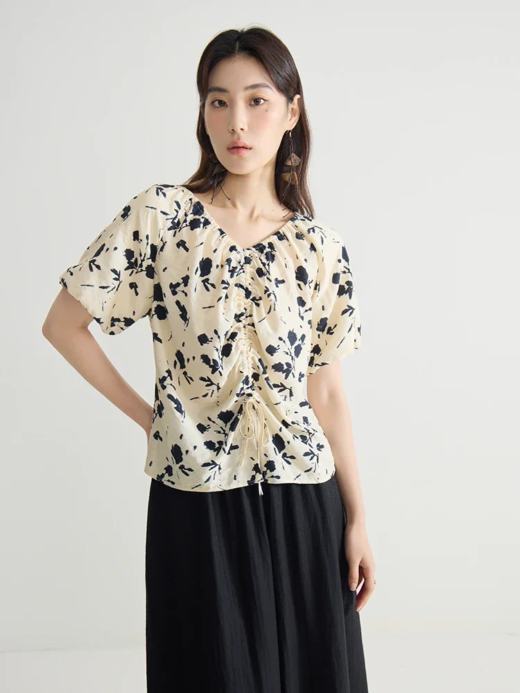 DUSHU New Chinese Style Unique Design Printing Elegant Shirt Summer New V-neck Loose Versatile Casual Top For Women 24DS82644