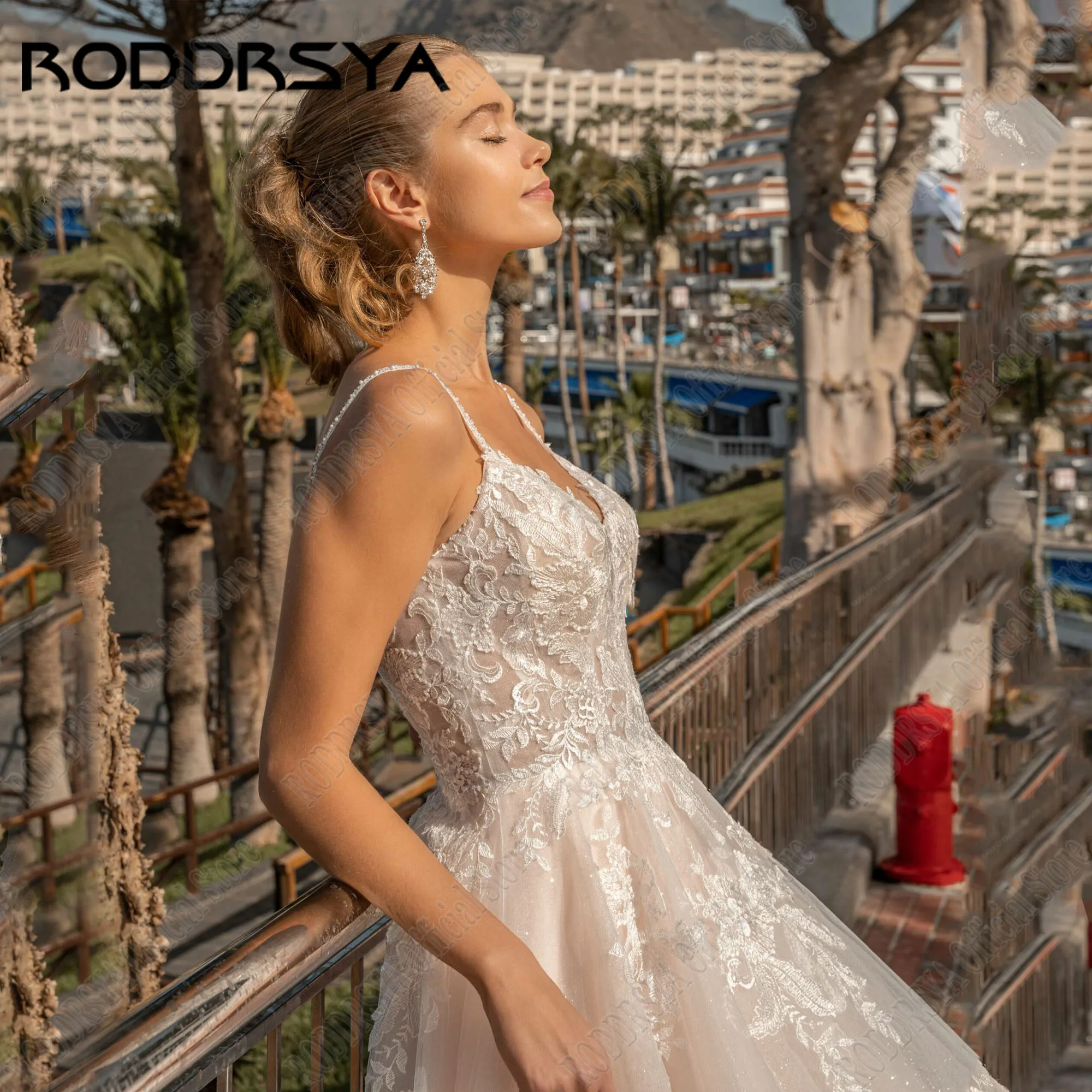 RODDRSYA-vestido De novia sin espalda con purpurina para mujer, con tirantes finos vestido De novia, línea A, cuello en V, Apliques De encaje sin