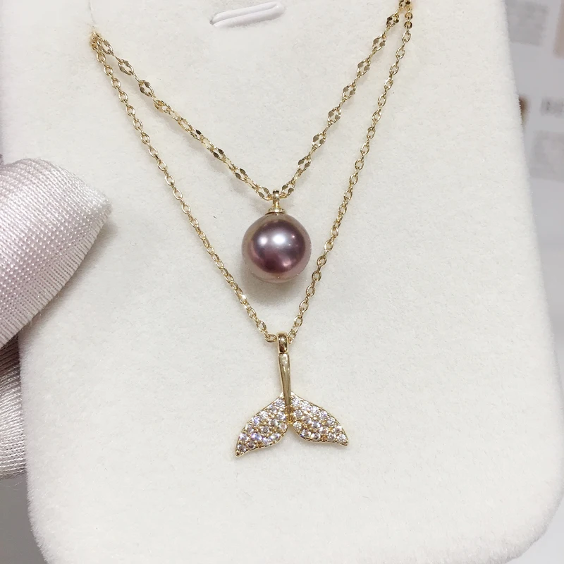 ZHBORUIN Real Natural Freshwater Pearl Necklace Pearl Jewelry Double-deck Fish Tail Purple Round Pearl Pendant Chain For Woman