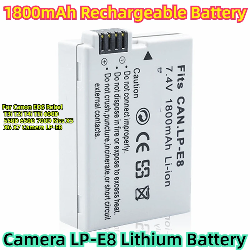 

For Canon EOS Rebel T3i T2i T4i T5i 600D 550D 650D 700D Kiss X5 X6 X7 Camera LP-E8 Lithium Battery 1800mAh Rechargeable Battery