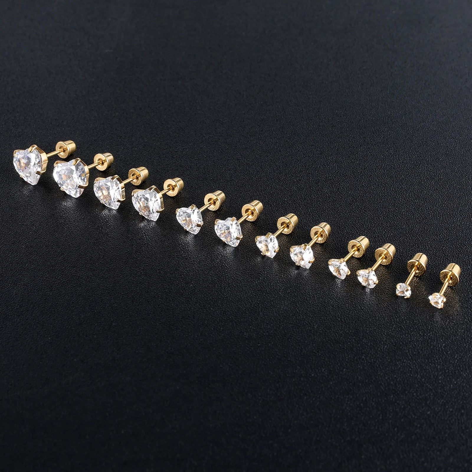 6 Pairs Stainless Steel Screw back Stud Earring, Gold Plated Heart Star Square Princess Cut Round Cubic Zirconia CZ Stud Set