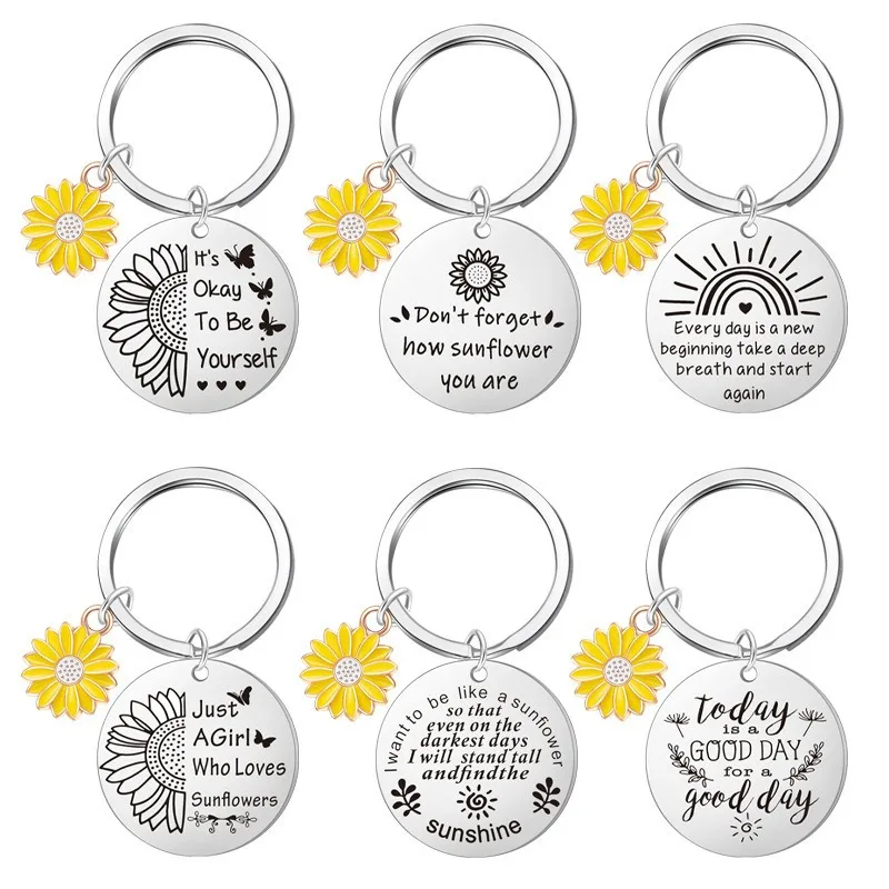 Sunflower Pendant Metal Stainless Steel Keychain Encouragement Message Keychain Suitable For Men And Women Friends Gifts