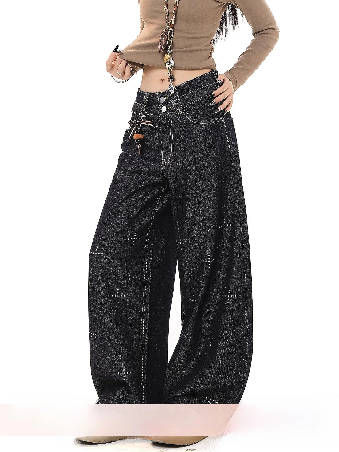 

Американские винтажные джинсы с крестом из страз, женские, свободные, повседневные, с широкими штанинами, из хлопка, с завышенной талией