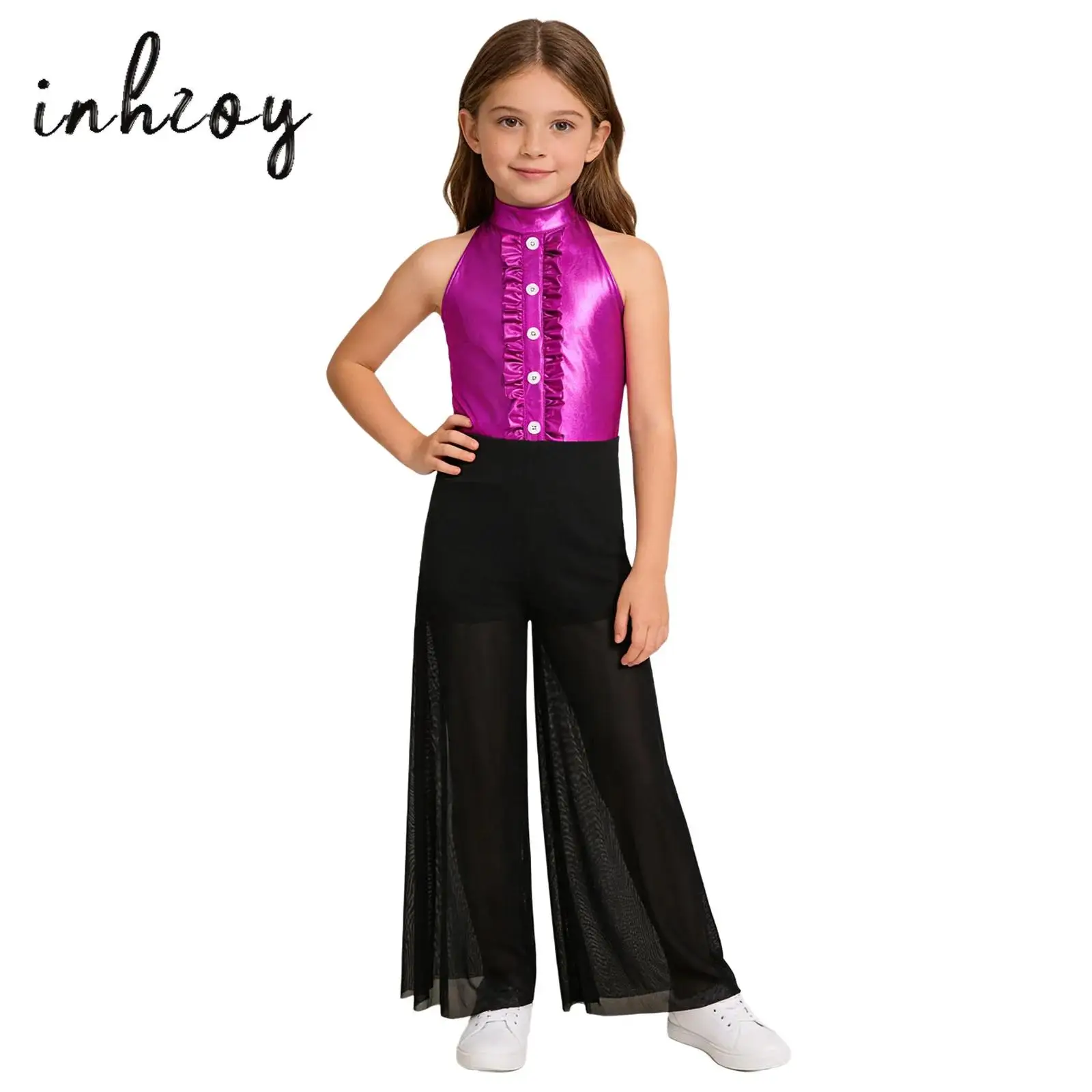 

Kids Girls Latin Jazz Dance Jumpsuit Ballroom Ballet Stage Performance Costume Sheer Mesh Metallic Wide-Leg Long Pants Bodysuit