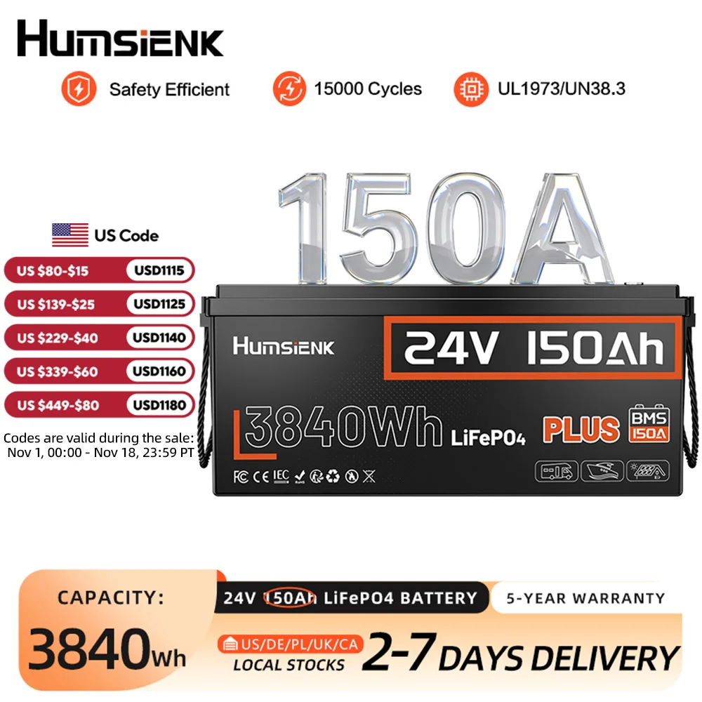 Humsienk 24V 150Ah LiFePO4 Battery, Capacity 3840Wh, Built-in 150A BMS, 15000+ Deep Cycle, Low-Temp Protection For Fishing, Portable Power Station, Golf Cart, Boat, Camper, Marine, Trolling Motor, Off-Grid, Solar Energy Storage, 5-Year Warranty